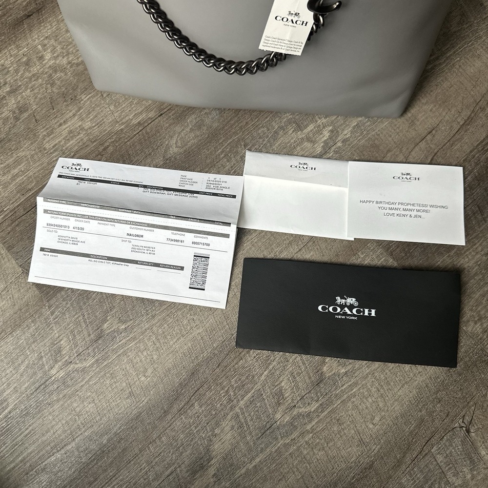 $375 COACH Signature Chain Convertible Gray Large Tote with Black Chain - Picture 2 of 16